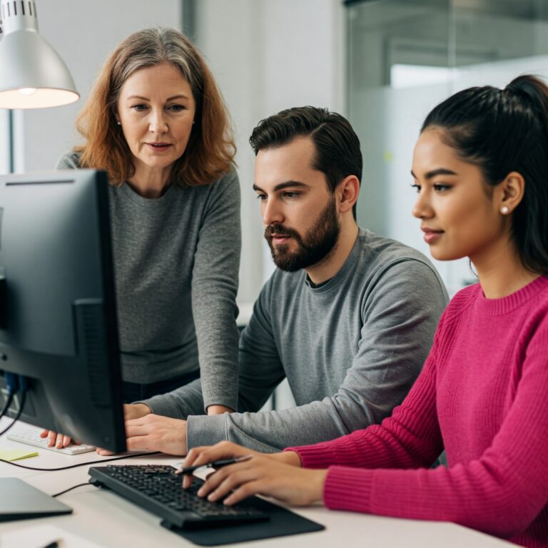 Team working on a computer at an office desk, collaborative work, diverse colleagues, modern workspace, technology use, professional environment.