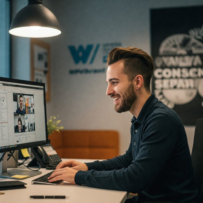 Young man working worry-free on his WordPress website in his office