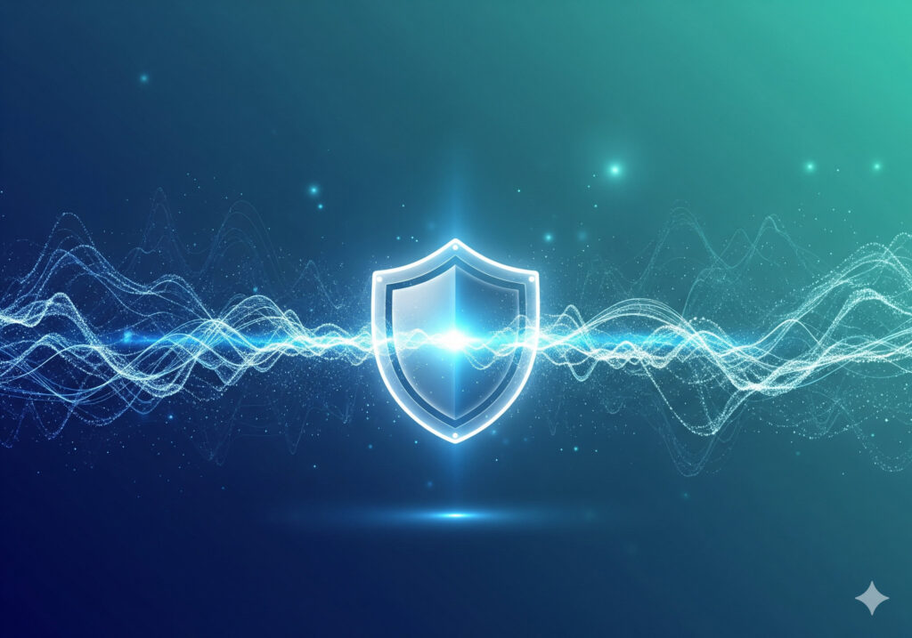 Shield icon with glowing digital waves representing cybersecurity or digital protection, set against a vibrant, futuristic background. Perfect for emphasizing online security, data protection, and tech innovation themes.