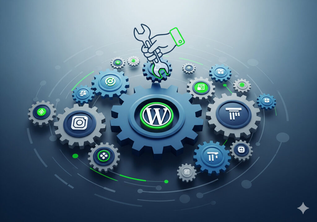 WordPress logo surrounded by interconnected gears representing website development and digital marketing.