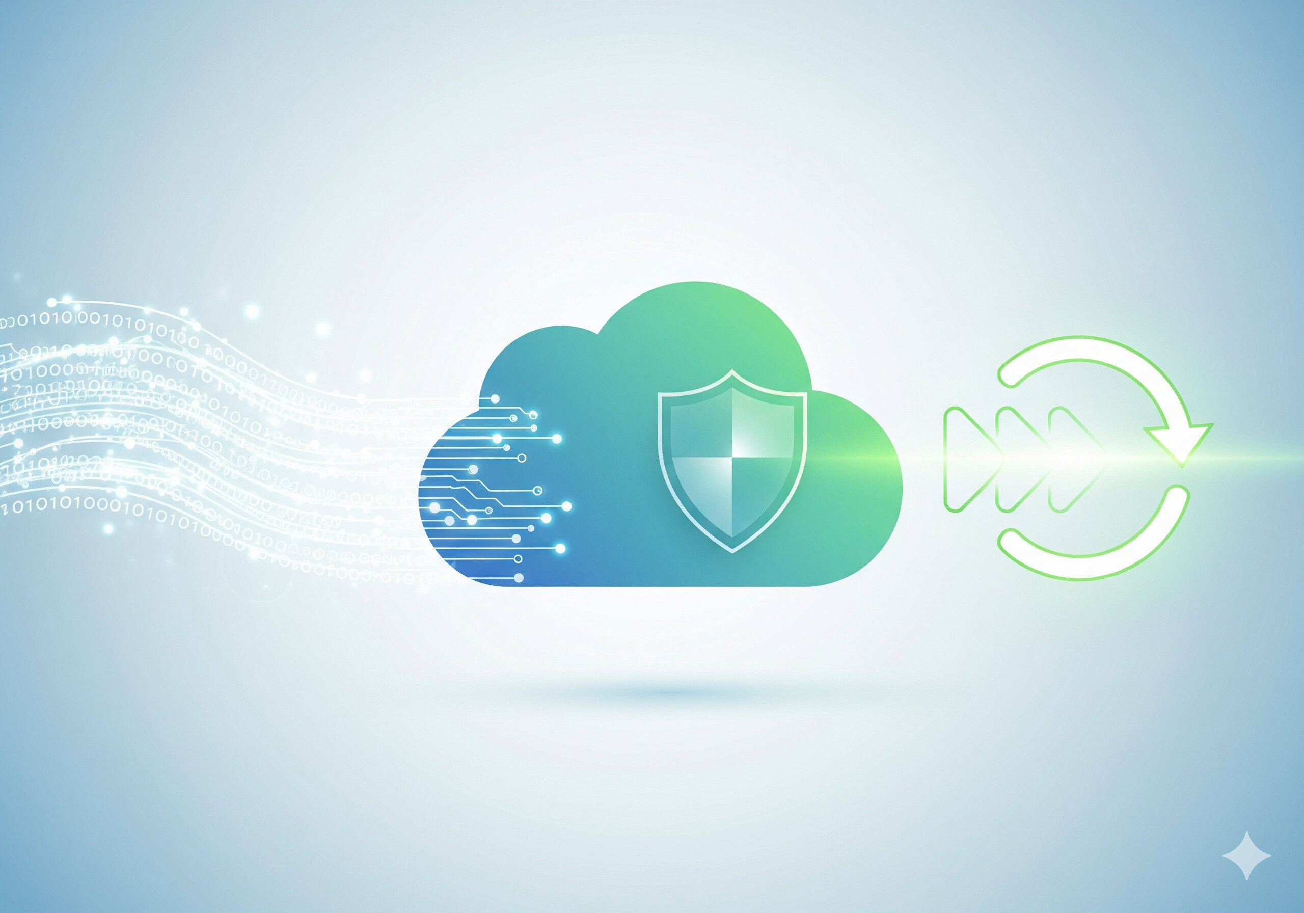 Secure cloud computing with digital shield and data recovery icons representing cybersecurity and data protection.
